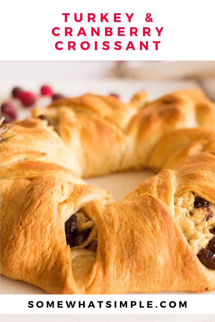 These turkey cranberry croissant wreaths are a festive and delicious way to enjoy the Thanksgiving season. They're made with turkey, fresh cranberries and other delicious ingredients all wrapped up in a warm croissant wreath. This is a perfect recipe for any turkey leftover from Thanksgiving dinner. via @somewhatsimple