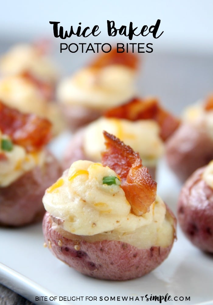 An easy potato appetizer that feeds a crowd, these twice-baked potato bites are simple to make and loaded with cheese, chives, and bacon! via @somewhatsimple