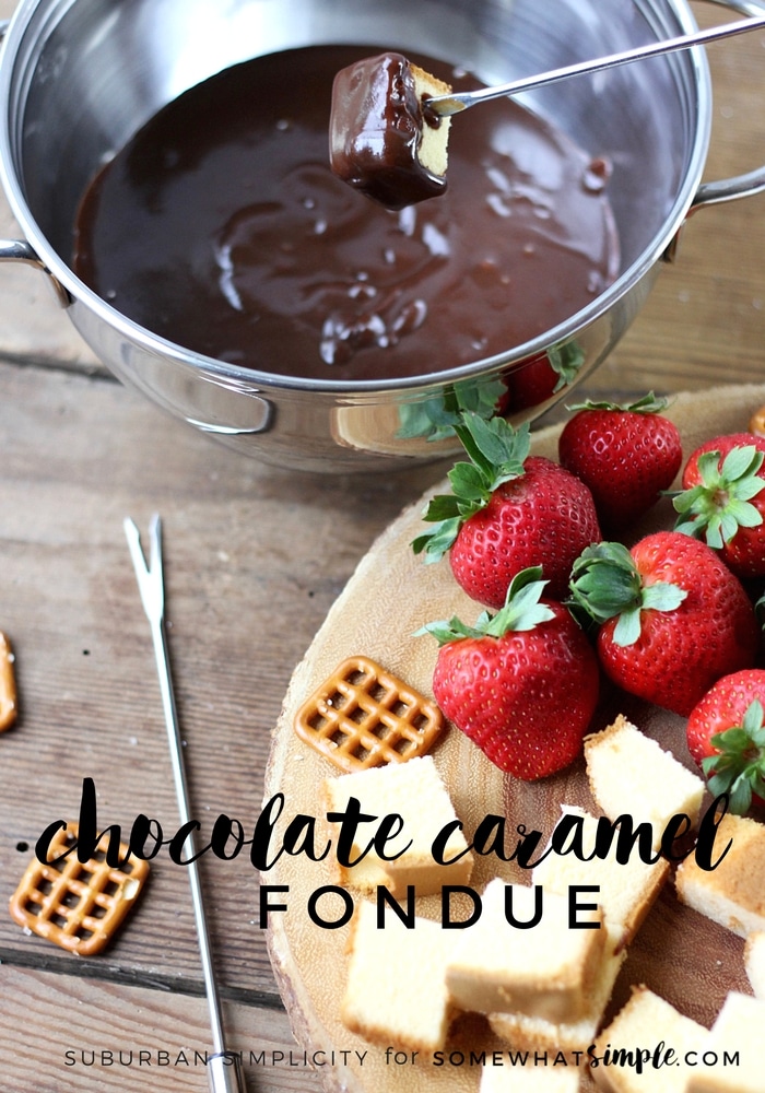 Chocolate caramel fondue is a decadent dessert the whole family will enjoy!  It'll be ready in minutes so grab your favorite foods to dip and start enjoying! This dessert is perfect for parties, family gatherings or anytime you get together with a bunch of people! #chocolatecaramelfoundue #chocolatefonduerecipe #easyfonduerecipe #partyfood #fonduepartyideas via @somewhatsimple