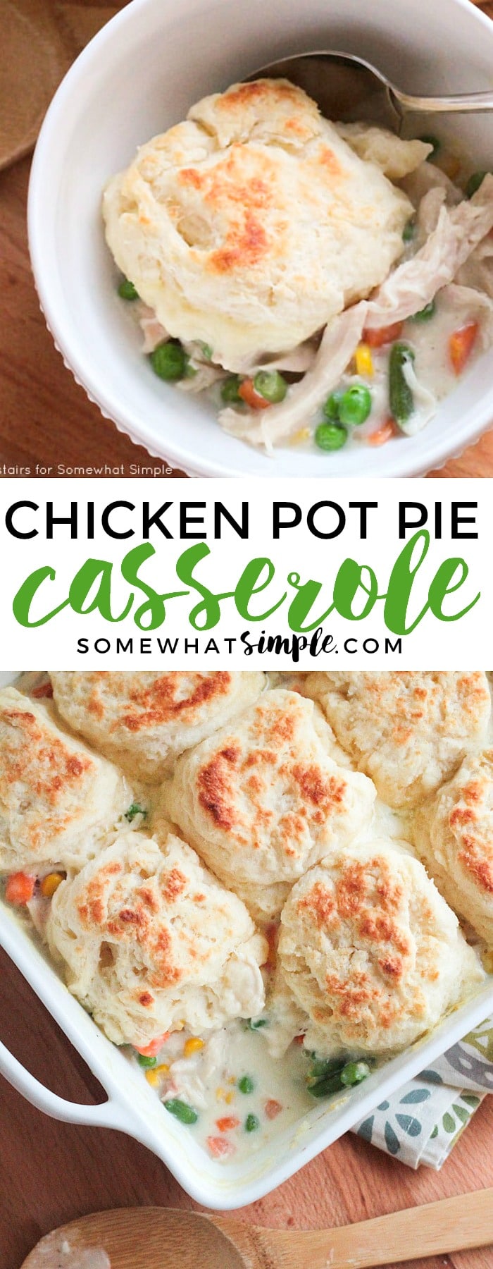 This chicken pot pie casserole is comfort food at its best! It's an easy recipe, made completely from-scratch and so full of delicious flavor! via @somewhatsimple