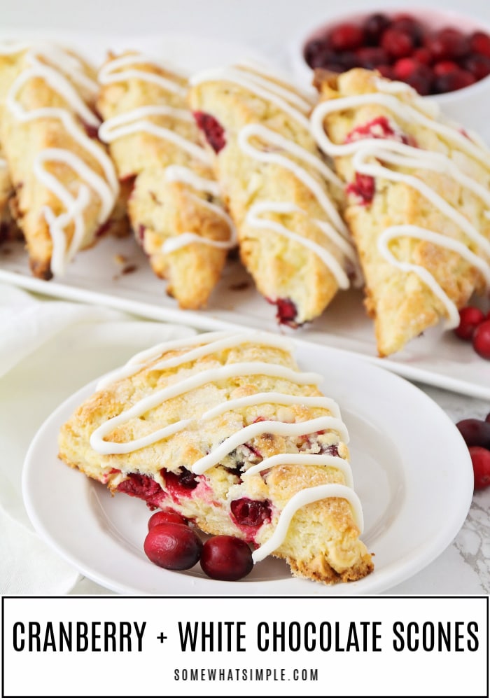 Cranberry and white chocolate scones are filled with fresh cranberries and chunks of white chocolate and make a delicious fruity breakfast idea! #cranberrysconesrecipe #cranberrywhitechocolatesconesrecipe #easycranberryscones #freshcranberrysconesrecipe via @somewhatsimple