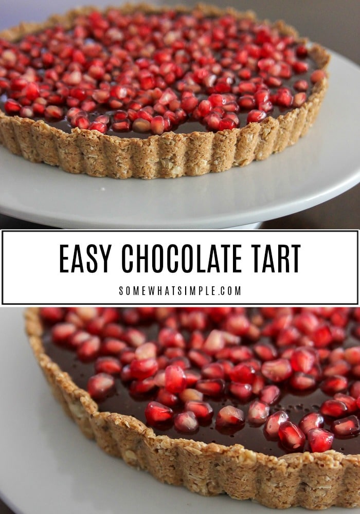 This rich chocolate tart topped with pomegranate seeds is an easy and beautiful dessert to bring to any holiday party! #pomegranate #dessert #easydessert #chocolate #tart via @somewhatsimple