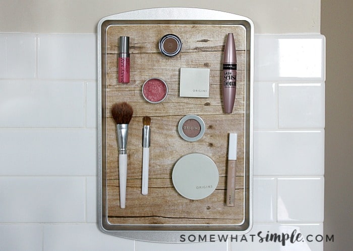 DIY Magnetic Makeup Organizer from a Dollar Store Cookie Tray