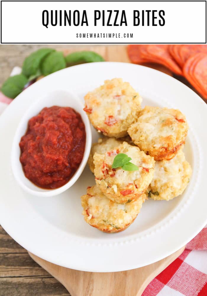 Cheesy, warm and packed with flavor, these quinoa pizza bites are amazing!  These pizza bites are a 100% kid-friendly snack or meal that is both healthy and delicious!!  #quinoapizzabites #pizzabites #healthydinner #quinoarecipes #quinoarecipeshealthy via @somewhatsimple