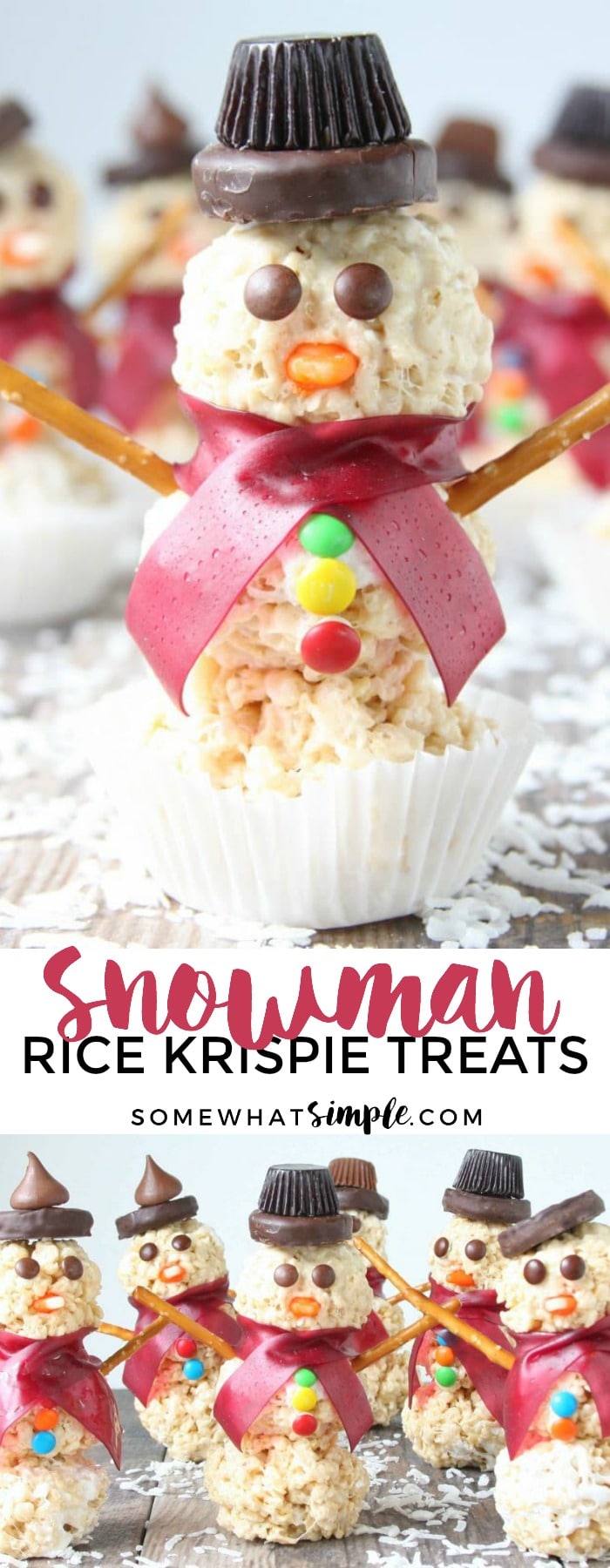 Snowman Rice Krispie Treats with m&m eyes and buttons of different colors and a hat made of a reese's peanut butter cup. It also has pretzel sticks for arms and a red fruit roll up as a scarf.