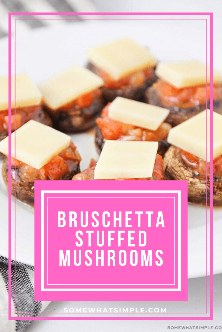 These bruschetta stuffed mushrooms are a tasty, healthier option for your next celebration or gathering.  Now you can enjoy a classic party bruschetta without all of the carbs.  #bruschetta #stuffedmushrooms #ketomushroomcaps #stuffedportobellomushrooms #easyappetizer via @somewhatsimple