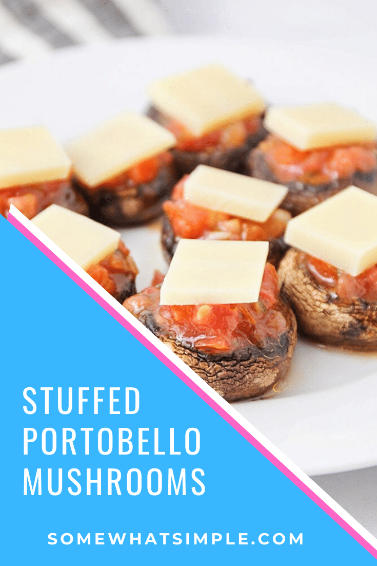 These bruschetta stuffed mushrooms are a tasty, healthier option for your next celebration or gathering.  Now you can enjoy a classic party bruschetta without all of the carbs.  #bruschetta #stuffedmushrooms #ketomushroomcaps #stuffedportobellomushrooms #easyappetizer via @somewhatsimple