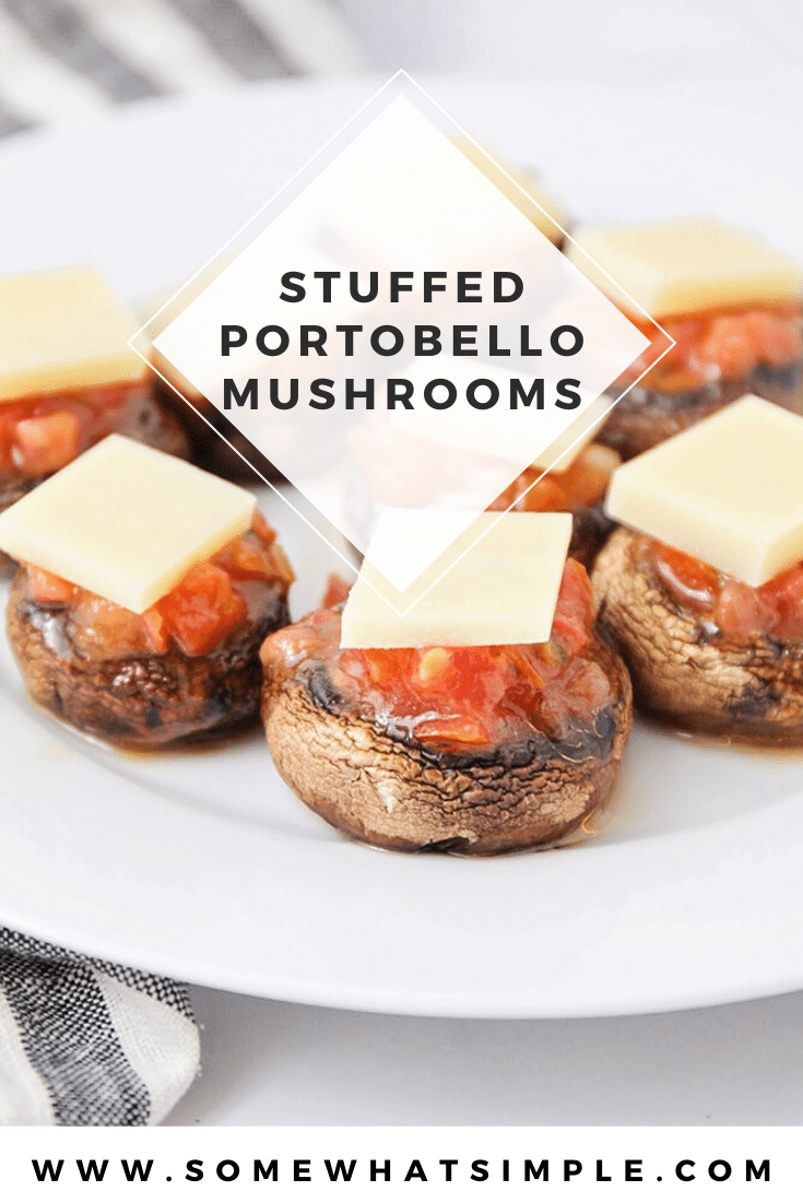 These bruschetta stuffed mushrooms are a tasty, healthier option for your next celebration or gathering.  Now you can enjoy a classic party bruschetta without all of the carbs.  #bruschetta #stuffedmushrooms #ketomushroomcaps #stuffedportobellomushrooms #easyappetizer via @somewhatsimple