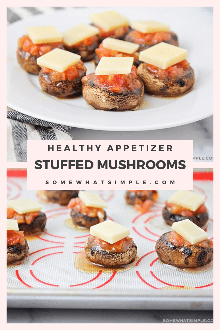 These bruschetta stuffed mushrooms are a tasty, healthier option for your next celebration or gathering.  Now you can enjoy a classic party bruschetta without all of the carbs.  #bruschetta #stuffedmushrooms #ketomushroomcaps #stuffedportobellomushrooms #easyappetizer via @somewhatsimple