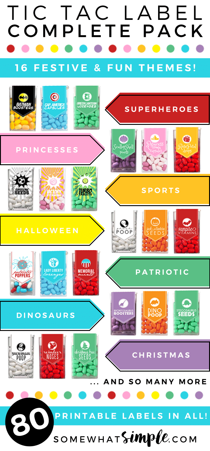 These Tic Tac Labels make the perfect little gifts and party favors! 16 themes with 80 labels total! via @somewhatsimple