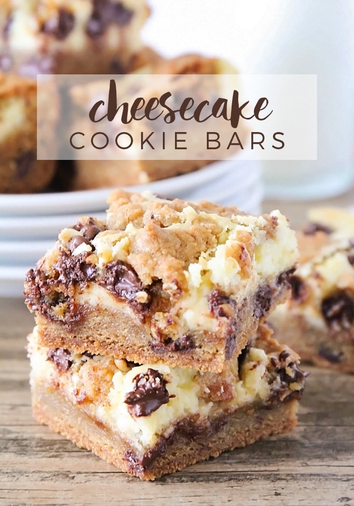 These cheesecake cookie bars will quite possibly be the best thing you have ever tasted!  Made with a chewy base of chocolate chip cookies and topped with a delicious cream cheese blend, this easy recipe is simply irresistible. #cheesecakecookiebars #easycheesecakecookiebars #cheesecakecookiebarrecipe #howtomakecheesecakecookiebars #chocolatechipcheesecakecookiebars via @somewhatsimple