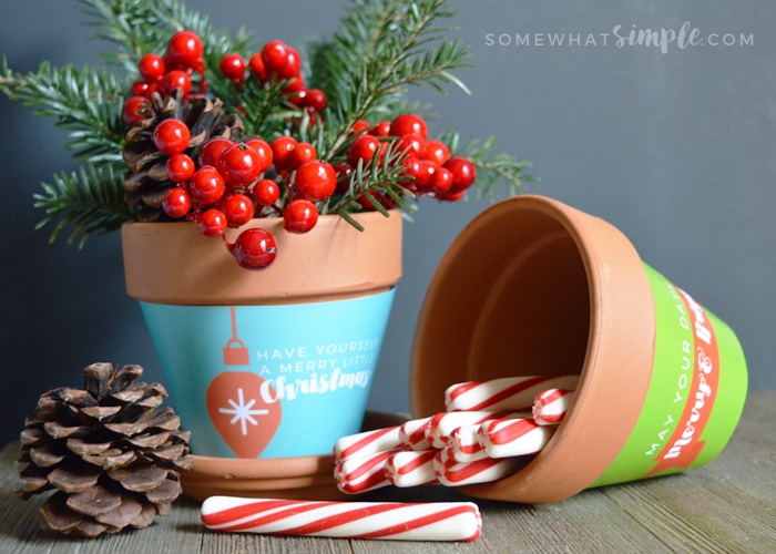 Holiday Decor | CHRISTMAS TERRA COTTA POT WRAPPERS PRINTABLE by Somewhat Simple