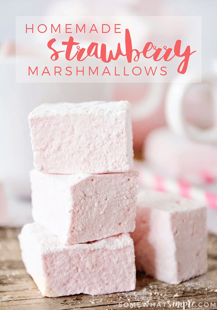 Gorgeous pink homemade strawberry marshmallows are surprisingly easy to make, and perfect for s'mores, hot chocolate, and valentine treats! #homemademarshmallows #homemadestrawberrymarshmallows #pinkhomemademarshamllows #strawberrymarshmallowrecipe #howtomakestrawberrymarshmallows via @somewhatsimple