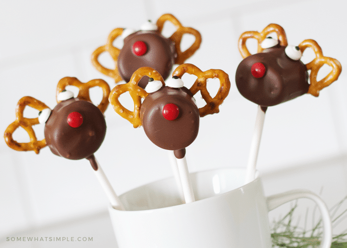 four reindeer marshmallow candy pops