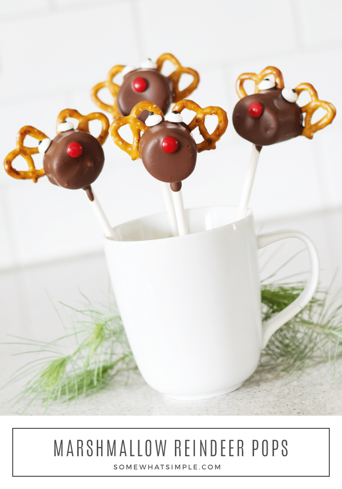 Are you ready for a fun and festive treat for the holiday season? These Reindeer Pretzel Marshmallow Pops are an easy treat your kids will love to create and then devour! They're really easy to assemble and make the perfect holiday treat during the Christmas season. They're made with pretzels, marshmallows and covered in chocolate. I promise, you won't be able to resist this salty sweet treat. via @somewhatsimple