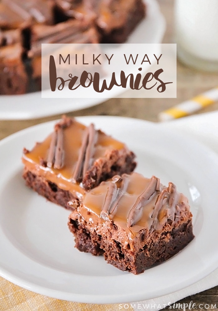 These Milky Way brownies are incredibly delicious and the perfect way to enjoy the flavors of your favorite candy bar in an amazing brownie. These brownies are rich and delicious and topped with caramel and milk chocolate. They're an indulgent treat for any chocolate lover! via @somewhatsimple