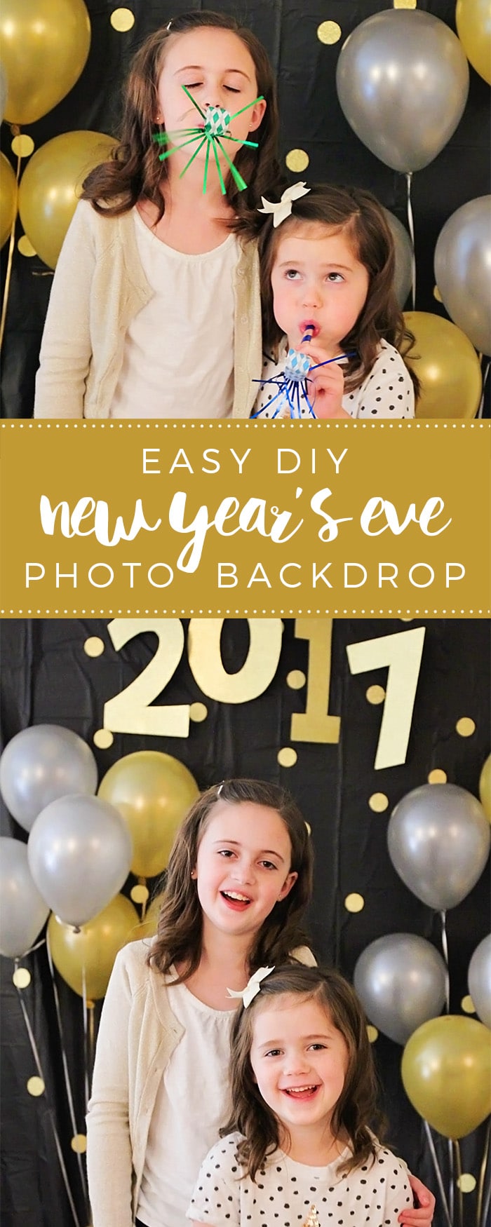 This simple and easy New Year's Eve photo backdrop will be perfect for your New Year's Eve celebration! This backdrop only takes a few minutes to put together and is perfect to snap a picture in front of to remember the fun you had at your NYE party. via @somewhatsimple