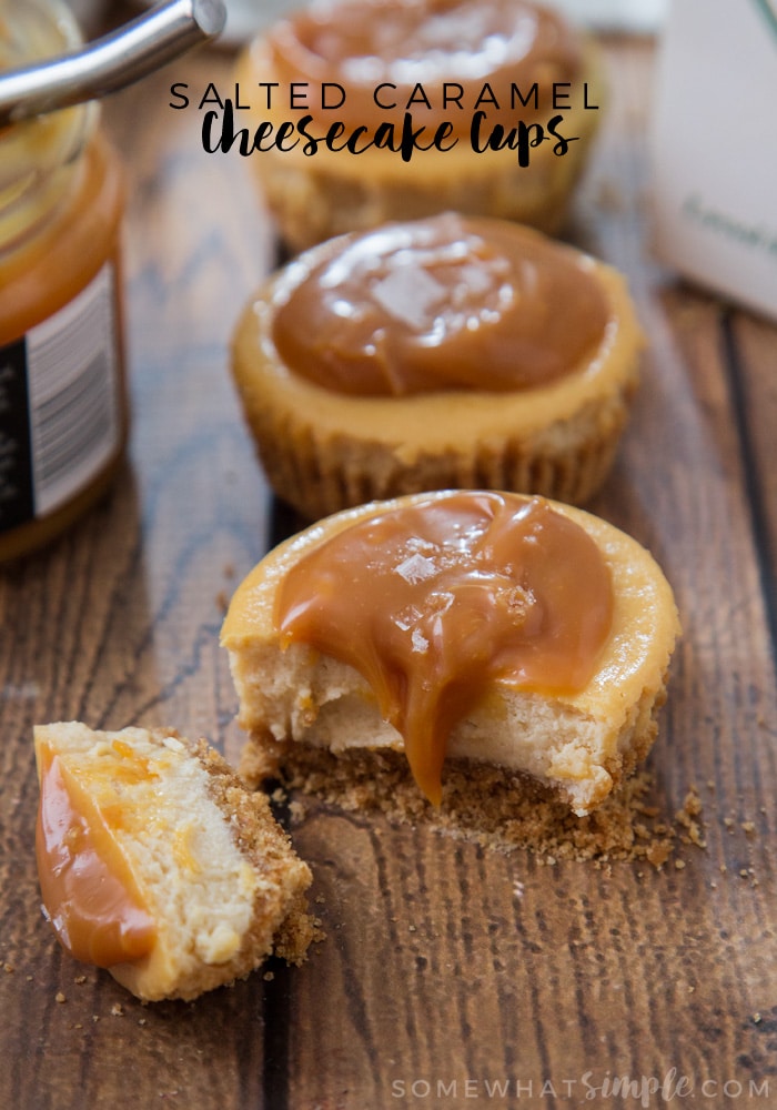 These Salted Caramel Cheesecake Cups might look sinful, but they are actually a lighter way to enjoy dessert! Even though they're made with lighter ingredients you'll never know by tasting them! #minicheesecakes #saltedcaramelcheesecakebites #saltedcaramelcheesecakecupsrecipe #easydessert #saltedcarameldessertidea via @somewhatsimple