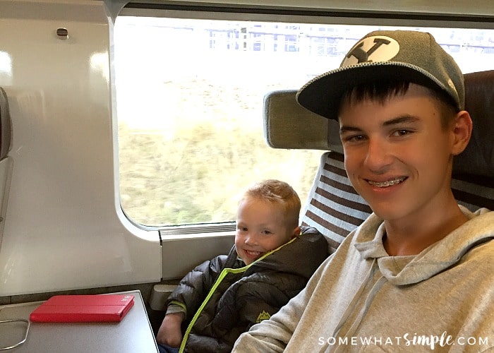 a teenager and his younger brother riding a train in Europe