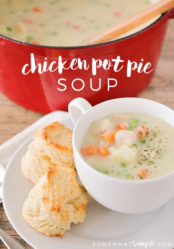 This delicious and savory chicken pot pie soup is the perfect dinner for a cold night!  Loaded with hearty vegetables, chicken and mouth-watering seasoning, this homemade soup recipe is perfect all winter long. #chickenpotpiesoup #homemadechickenpotpiesoup #chickenpotpiesouprecipe #easychickenpotpiesoup #healthychickenpotpiesoup via @somewhatsimple