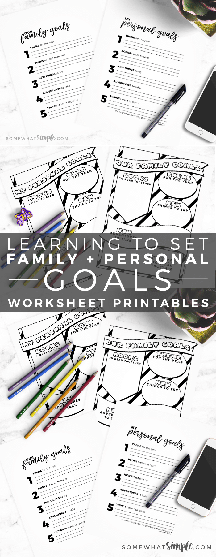 The New Year is a great opportunity to sit down with your family and make some goals together.  These Family Goals and Personal Goals printable worksheets will make the process fun and easy! via @somewhatsimple