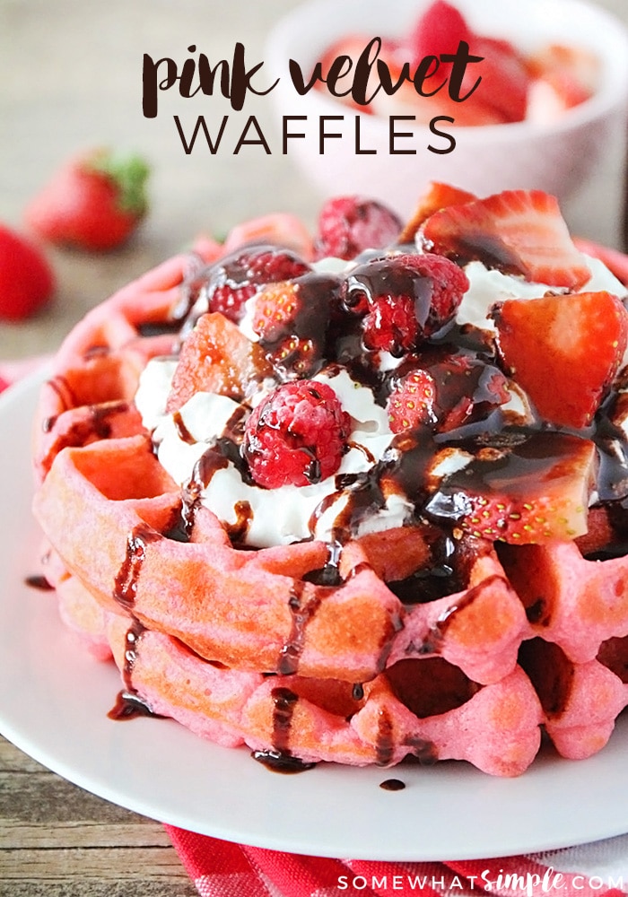 These pink velvet waffles are so fun for Valentine's Day, and so quick and easy to make! Who would love a delicious pink waffle to celebrate any romantic occasion. These waffles turn out soft and fluffy every time! via @somewhatsimple