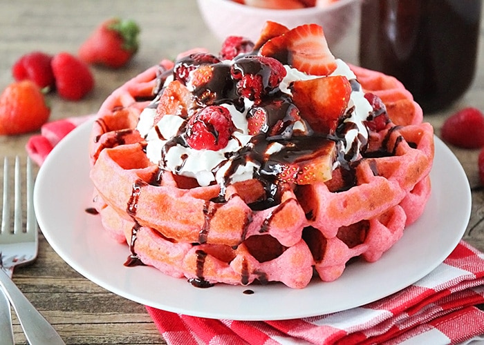 Pink Velvet Waffles with Chocolate Syrup