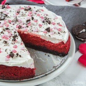 an oreo red velvet cheese topped with whipped cream