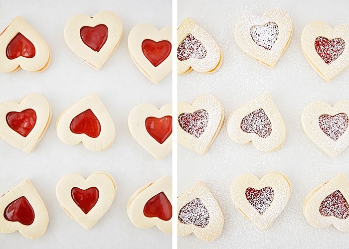 adding strawberry jelly and powdered sugar to linzer cookies