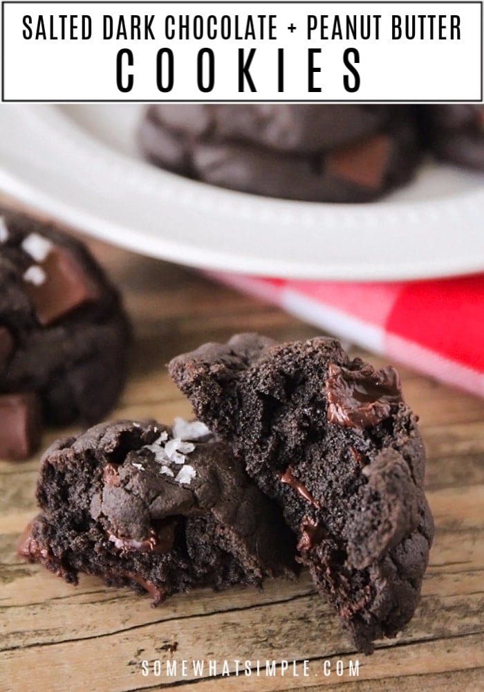 Salted Dark Chocolate Peanut Butter Cookies are perfectly delicious, soft, chewy, and so easy to make! Get ready for your taste buds to fall in love! #cookies #easy #treats #darkchocolate #saltedcaramel #peanutbuttercookies via @somewhatsimple