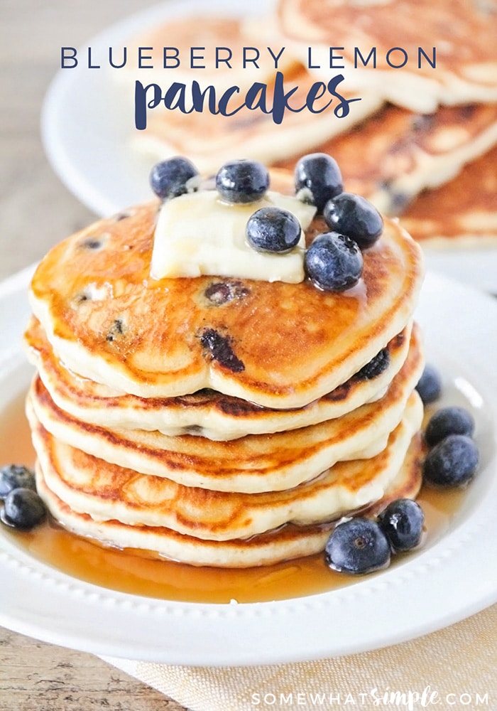 Lemon blueberry pancakes are a delicious twist on a classic breakfast.  Made with the perfect combination of sweet and sour, these pancakes are light, fluffy and bursting with fresh juicy blueberries! #lemonblueberrypancakes #lemonblueberrypancakesrecipe #easylemonblueberrypancakes #lemonblueberrypancakesfromscratch #easybreakfast #bestpancakes via @somewhatsimple