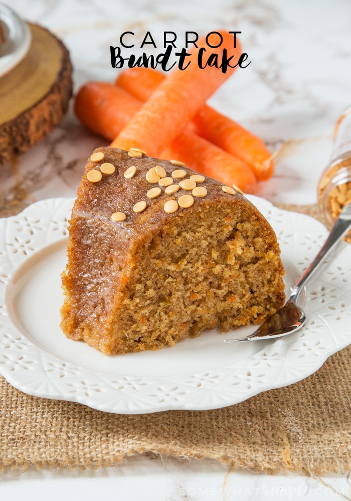 A super soft and flavourful Carrot Bundt Cake topped with a sweet glaze; perfect for an afternoon snack or just because you fancy cake! via @somewhatsimple