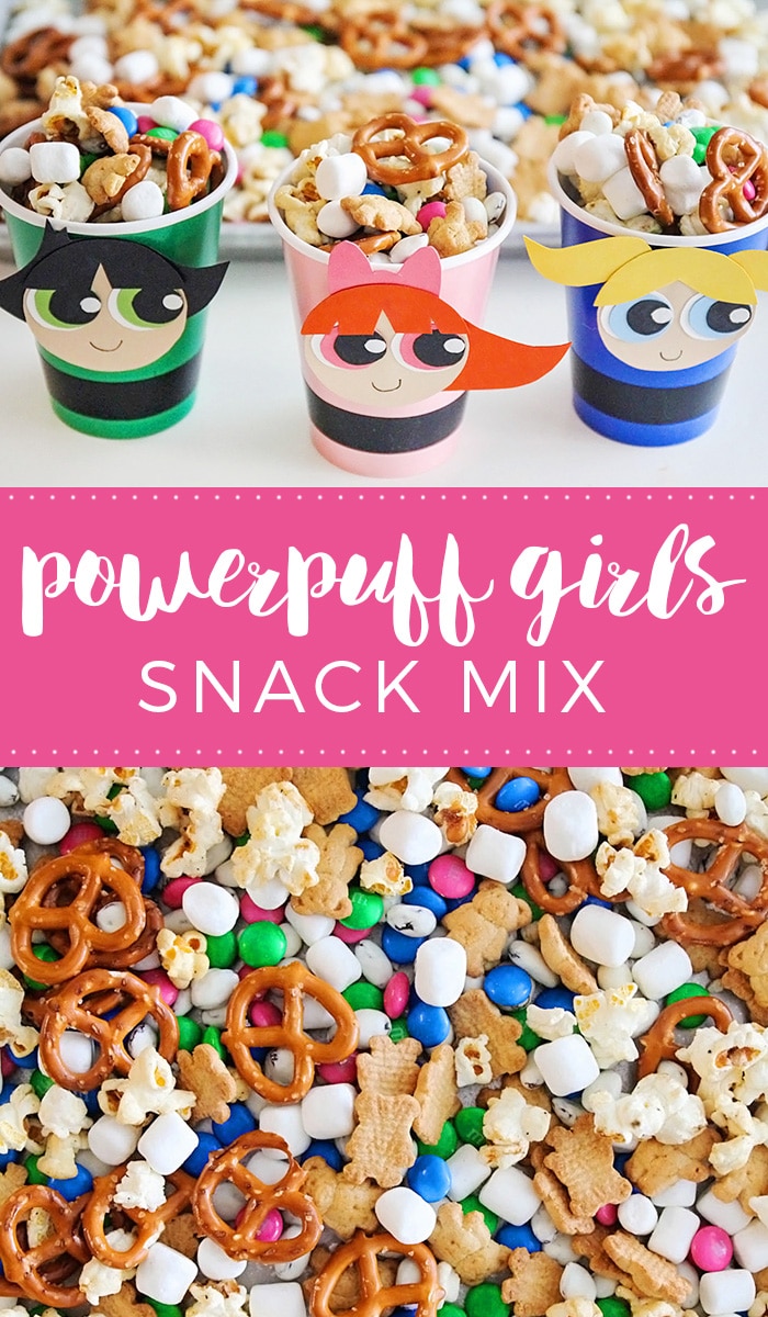 Powerpuff Girls Snack Cups are filled with our favorite snack mix that's easy to make, and perfect for munching while watching your favorite female superheroes in action! via @somewhatsimple
