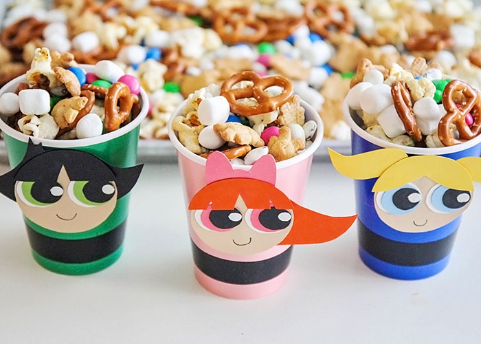 powerpuff girl cups filled with a trail mix