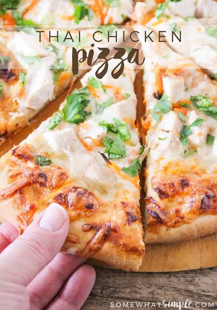 This savory and delicious thai chicken pizza is simple and quick to make, and bursting with flavor! This pizza recipe is simple and will be ready in under an hour. Plus, the recipe isn't spicy so even the pickiest of eaters will love it! via @somewhatsimple