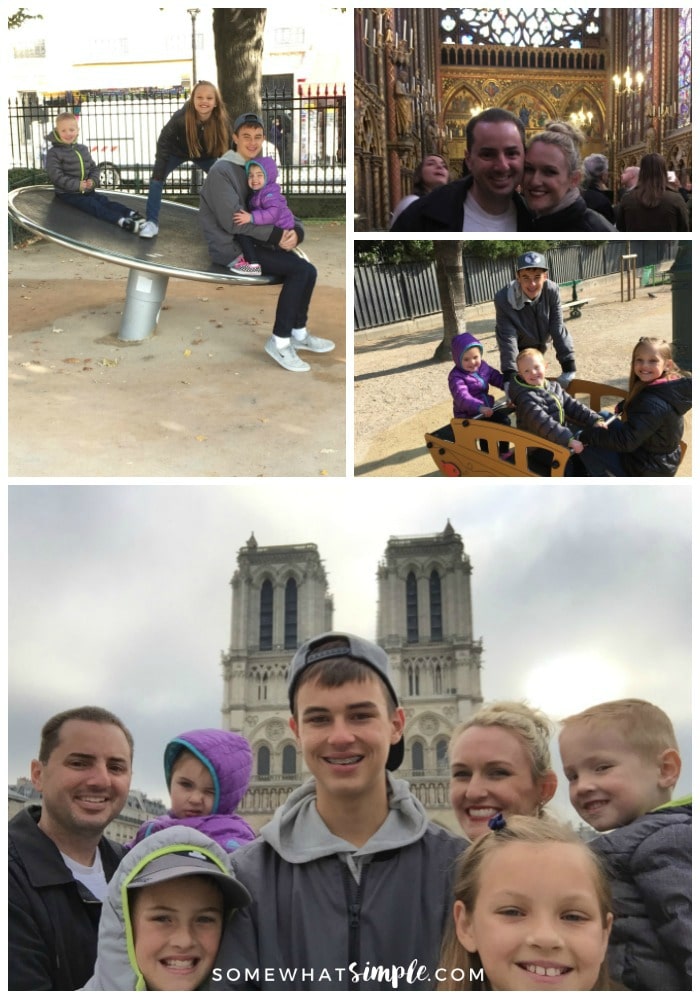 a collage featuring things to see Paris featuring pictures of children playing at the park behind Notre Dame, a beautiful couple inside Sainte-Chapelle and a family of seven in front of Notre Dame