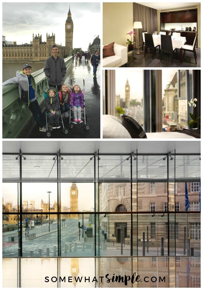 a collage featuring five children standing on the Westminster Bridge in London England with Big Ben and Parliament in the background as well as pictures of the inside of the Park Plaza hotel in London