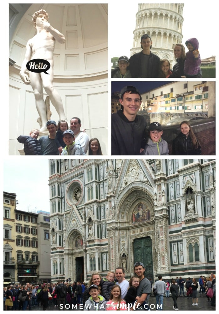 a collage featuring things to see and do in Florence which includes a father with his five kids in front of the statue of David, a beautiful mother with her five kids in front of the leaning tower of Pisa, three kids in front of the Ponte Vecchio at night and a family of seven standing in the square in front of the Duomo in Florence