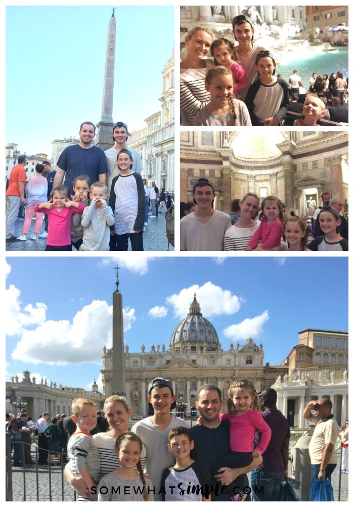 a collage of pictures showing things to see and do in Rome including a father with his five kids in the Piazza Navona, a beautiful woman with her five children in front of the Trevi Fountain at night, a gorgeous woman with her five kids inside the Pantheon of Rome, a family of seven in St. Peter's square standing in front of St. Peter's Basilica 