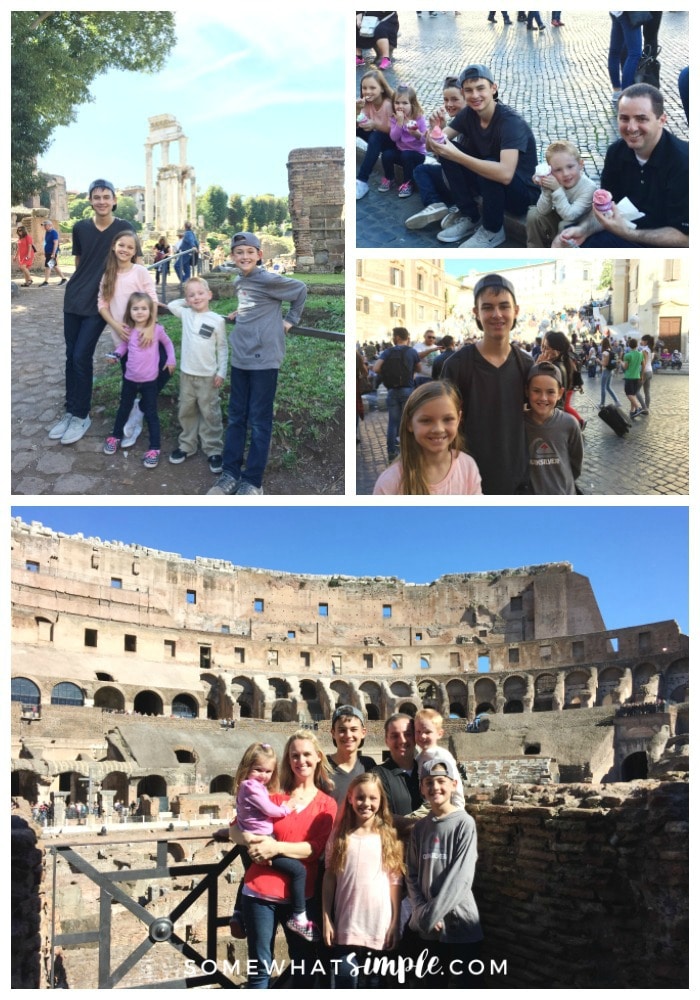 a collage of things to see and do in Rome on your european vacation that includes pictures of a family in the Roman Colosseum, a father and five kids eating gelato in the Piazza Navona, three children in front of the Spanish Steps and five children in the Roman Forum in front of Roman ruins 