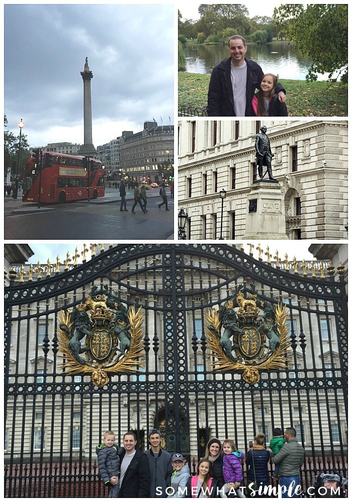 a photo collage of London attractions that include pictures of Trafalgar Square, a father and daughter in St. James Park and a family of seven in front of Buckingham Palace