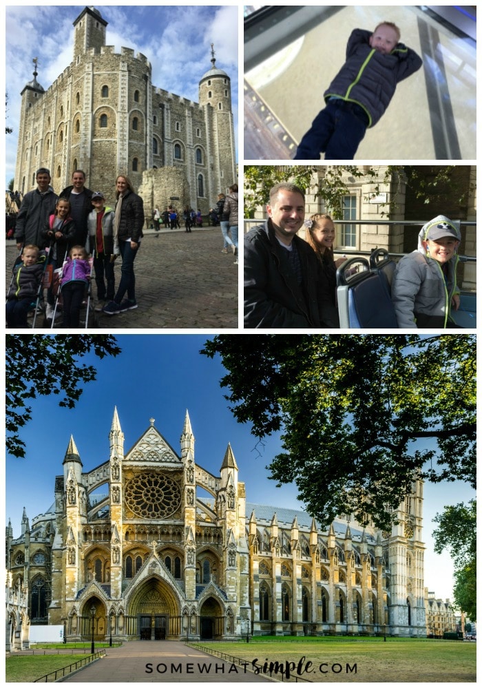 a collage showing things do in London, featuring pictures of a family in front of the Tower of London, a boy laying on the glass floor of the Tower Bridge, a father and two kids riding on the top of a double decker bus and Westminster Abbey