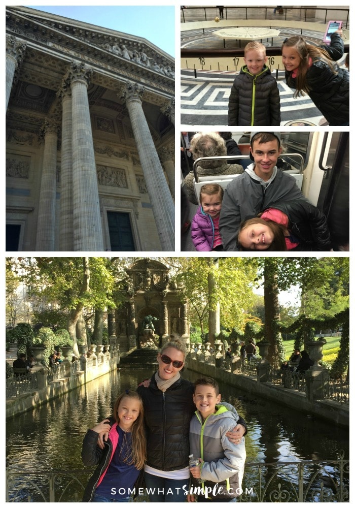 a collage of things to see in Paris featuring pictures of the Pantheon in Paris, two children in front of the pendulum clock inside the Pantheon, children riding the subway and a beautiful mom with two of her kids standing in front of water inside the Luxembourg Gardens