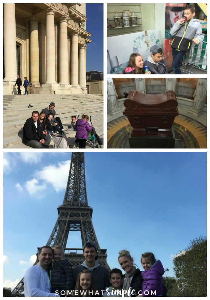 a collage featuring pictures of Paris attractions including a family sitting in front of the building where Napoleon was buried, Napoleon's tomb and a family of seven in front of the Eiffel tower