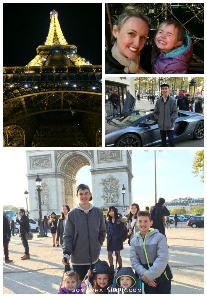 a collage featuring things to see and do in Paris including a picture of the Eiffel tower at night, a beautiful women with her daughter at the top of the Eiffel tower at night, a teenage boy standing in front of a Lamborghini on the Champs-Elysees and five children standing in front of the Arc de Triumph