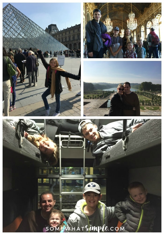 a collage featuring pictures of things to see and do in Paris including a young girl in front of the glass pyramid at the Louvre, five children standing in the hall of mirrors in the palace of Versailles and a dad with his five kids inside a sleeper car on the overnight train from Paris to Venice