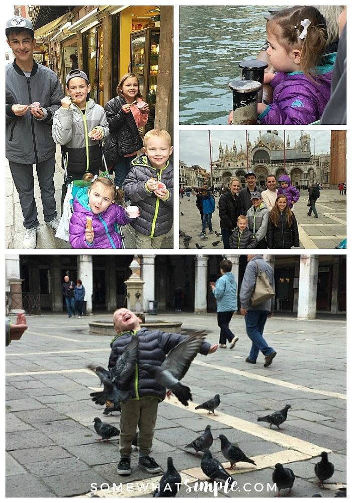 a picture collage featuring things to do in Venice; include five children eating gelato, a little girl standing by the Grand Canal, a family of seven in front of St. Mark's square and a young boy with pigeons landing on him in a Venice square