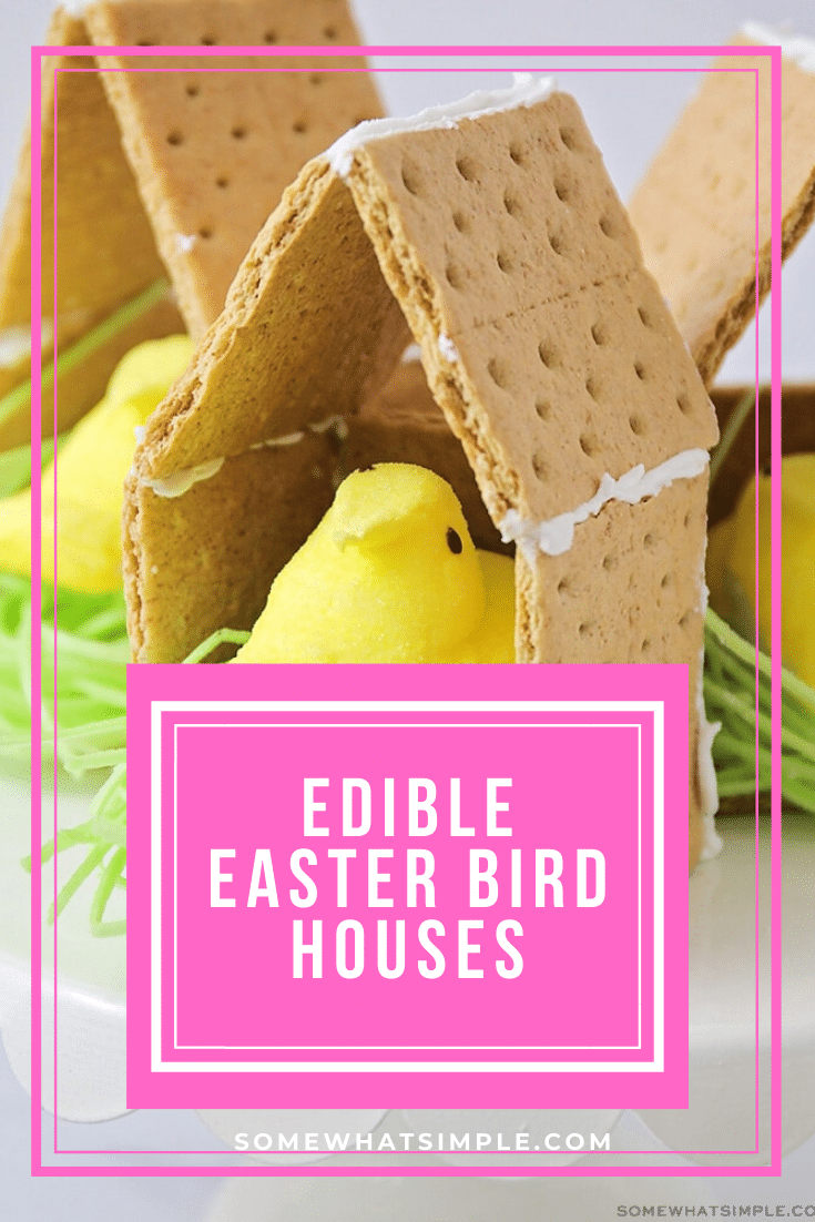This Peeps Bird House is a fun Spring twist on the classic graham cracker gingerbread house! #Easter #GingerbreadHouse #Easy #Treat #spring #grahamcracker #peeps via @somewhatsimple