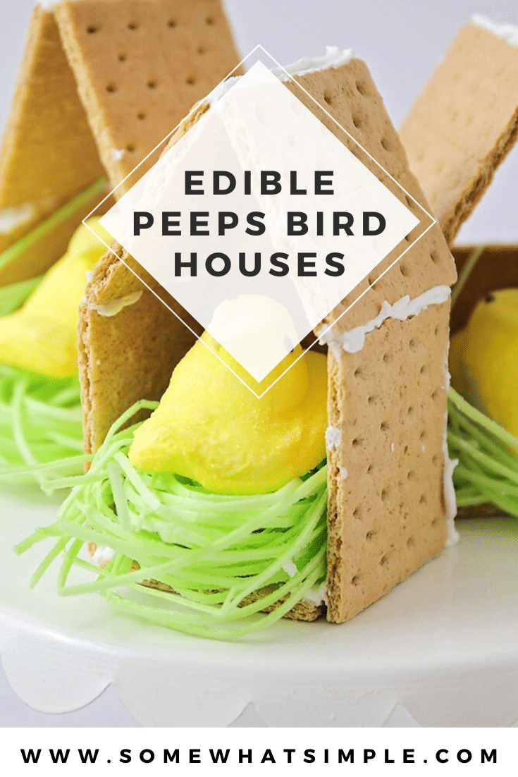 This Peeps Bird House is a fun Spring twist on the classic graham cracker gingerbread house! #Easter #GingerbreadHouse #Easy #Treat #spring #grahamcracker #peeps via @somewhatsimple