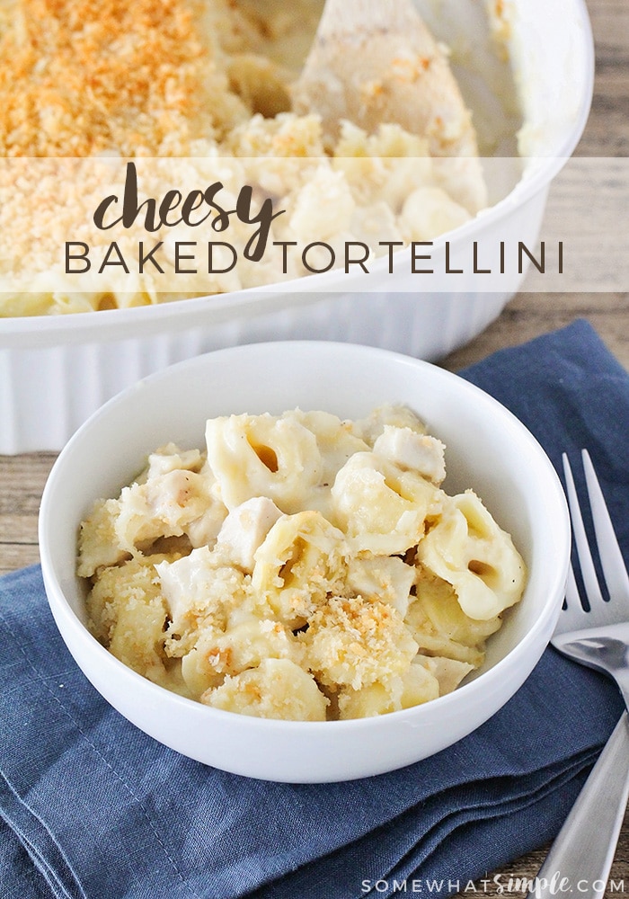 Cheesy baked tortellini is a delicious dinner that's incredibly easy to make.  This recipe is made with tender tortellini, tossed in a homemade cheese sauce and topped with tasty bread crumbs. #cheesybakedtortellini #cheesybakedtortellinirecipe #cheesybakedtortellinicasserole #bakedtortellinirecipe #howtomakebakedtortellini via @somewhatsimple